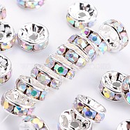 Brass Grade A Rhinestone Spacer Beads, Silver Color Plated, Nickel Free, Crystal AB, 8x3.8mm, Hole: 1.5mm(RSB038NF-02)