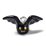 Resin Pendants, Halloween Bat Charms with Platinum Tone Iron Loops, Black, 11.5x24.5x9mm, Hole: 2mm(CRES-D009-01A)