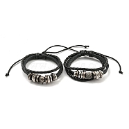 Braided PU Leather & Waxed Cords Triple Layer Multi-strand Bracelets, Alloy Beaded Bracelets, Antique Silver, Inner Diameter: 2-1/4~3-3/4 inch(5.7~9.5cm)(BJEW-P329-10AS)