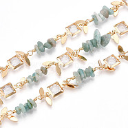 Handmade Brass Glass Square Link Chains, with Natural Amazonite Chip Bead for Necklaces Bracelets Making, Long-Lasting Plated, Soldered, with Spool, Golden, Link: 12~25x4~6.5x2~6mm, about 16.40 Feet(5m)/Roll(CHC-F019-10G-01)