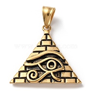 Ion Plating(IP) 304 Stainless Steel Pendants, Pyramid with Eye of Horus Charm, Antique Golden, 34x34x8mm, Hole: 4.5x9.5mm(STAS-D067-10AG)