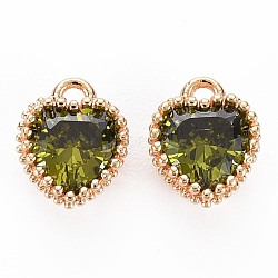 Brass Micro Pave Cubic Zirconia Charms, Nickel Free, Real 18K Gold Plated, Faceted Heart, Dark Olive Green, 8x6x3.5mm, Hole: 1mm(KK-S356-773I)