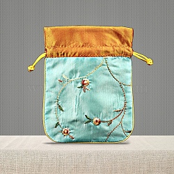 Chinese Style Brocade Drawstring Gift Blessing Bags, Jewelry Storage Pouches for Wedding Party Candy Packaging, Rectangle, Pale Turquoise, 15x12cm(PW-WG56623-08)