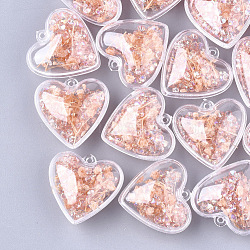 Plastic Pendants, with Dried Flower & Rhinestone, Heart, Light Salmon, 29x30x18mm, Hole: 1.8mm(KY-T004-09B)