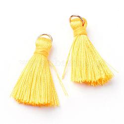 Nylon Tassel Pendant Decorations, with Unwelded Iron Jump Rings, Golden, Yellow, 26~33x4.5~5mm, Hole: 2mm(OCOR-S106-19)