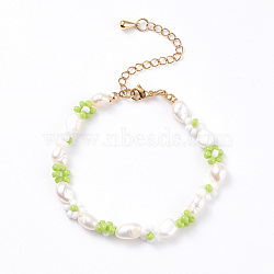Glass Seed Flower & Natural Pearl Beaded Bracelet, Braided Jewelry for Women, Golden, Lawn Green, 7-1/2 inch(19cm)(BJEW-TA00071)