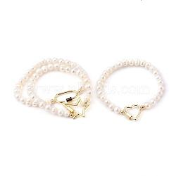 Brass Link Bracelets Set, with Natural Pearl Beads, Heart/Oval/Lightning Bolt, Golden, White, Inner Diameter: 2-1/4 inch(5.6cm), 3pcs/set(BJEW-JB05955)
