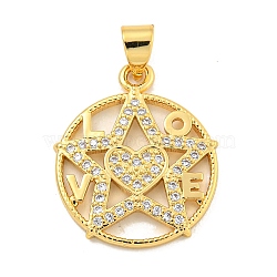 Rack Plating Brass Micro Pave Cubic Zirconia Pendants, Long-Lasting Plated, Cadmium Free & Lead Free, Real 18K Gold Plated, Star, 21x18x2mm, Hole: 5x3.5mm(KK-B091-50A-G)