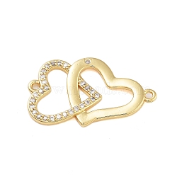 Rack Plating Brass Pave Clear Cubic Zirconia Connector Charms, Double Heart Links, Cadmium Free & Lead Free, Long-Lasting Plated, Real 18K Gold Plated, 16.5x27.5x2mm, Hole: 1.2mm(KK-B097-01G)