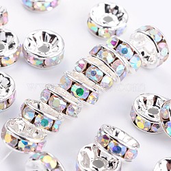 Brass Grade A Rhinestone Spacer Beads, Silver Color Plated, Nickel Free, Rondelle, Crystal AB, 8x3.8mm, Hole: 1.5mm(RSB038NF-02)