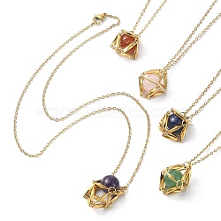 Mixed Round Natural Gemstone Pendant Necklaces, Rhombus Stainless Steel Macrame Pouch Pendant Necklaces, Cable Chain Necklace, Golden, 17-7/8 inch(45.4cm)(NJEW-JN04548-01)