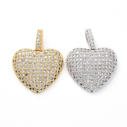 Brass Micro Pave Clear Cubic Zirconia Pendants, Heart, Mixed Color, 17x18x1mm, Hole: 2.5x4mm(KK-I658-36)