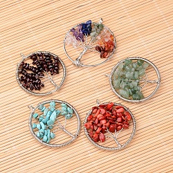 Natural & Synthetic Gemstone Big Pendants, with Platinum Plated Brass Findings, Flat Round with Tree of Life, 53~56x48~51x8mm, Hole: 4mm(G-F265-05)