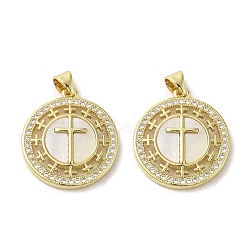 Brass Micro Pave Clear Cubic Zirconia Pendants, with Shell, Real 18K Gold Plated, Flat Round, Cross, 23.5x21x3mm, Hole: 3.5x5mm(KK-I708-04C-G)