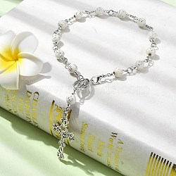 Acrylic Round with Cross Pattern Beaded Charm Bracelets for Women, Alloy Cross, White, 10-1/4 inch(26cm)(BJEW-JB11347-01)