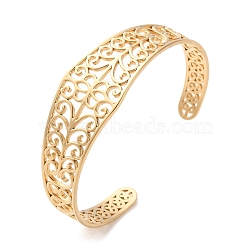 304 Stainless Steel Cuff Bangles for Women, Real 18K Gold Plated, Hollow, Clover, 3/4 inch(2cm)(BJEW-K263-05G-14)