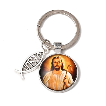 I Love Jesus Symbol Glass Pendant Keychain with Alloy Jesus Fish Charm, with Iron Findings, Half Round, Moccasin, 6.2cm