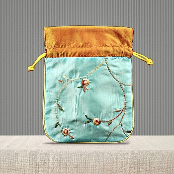 Chinese Style Brocade Drawstring Gift Blessing Bags, Jewelry Storage Pouches for Wedding Party Candy Packaging, Rectangle, Pale Turquoise, 15x12cm