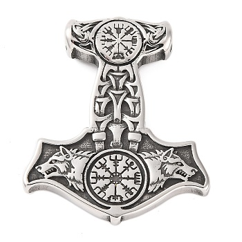 316 Surgical Stainless Steel Pendants, Thor's Hammer with Wolf & Vegvisir Charm, Antique Silver, 49x41x7.5mm, Hole: 5mm