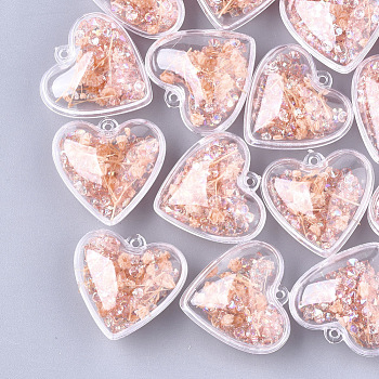 Plastic Pendants, with Dried Flower & Rhinestone, Heart, Light Salmon, 29x30x18mm, Hole: 1.8mm