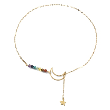 Alloy Moon & Star Lariat Necklace, Natural & Synthetic Mixed Stone Beaded Stainless Steel Necklace, Golden, 18.39 inch(46.7cm)