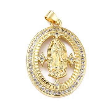 Brass Micro Pave Clear Cubic Zirconia Pendants, Oval with Virgin Mary, Real 18K Gold Plated, 33x23.5x6mm, Hole: 4x3mm