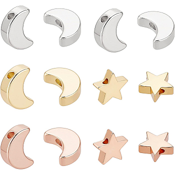 40Pcs 2 Style Brass Beads, Long-Lasting Plated, Star & Moon, Real Platinum Plated & Real Rose Gold Plated & Real 18K Golden Plated, Mixed Color, 9~12x8~10mm