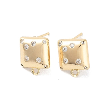 Brass Micro Pave Cubic Zirconia Stud Earring Findings, Square, Real 18K Gold Plated, 13x10.5mm, Hole: 1.2mm, Pin: 0.8mm