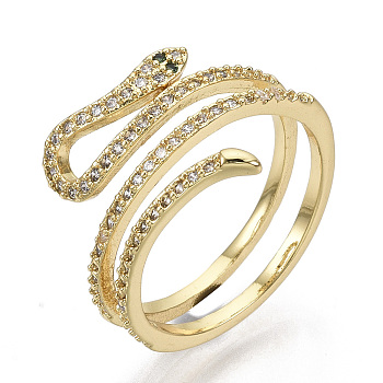 Brass Micro Pave Cubic Zirconia Cuff Rings, Open Rings, Nickel Free, Snake, Clear, Real 16K Gold Plated, Size 7, Inner Diameter: 17mm
