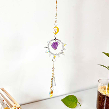 Ring Natural Quartz Chip Window Hanging Suncatchers, with Glass Teardrop Charms and Metal Moon Link, 400mm