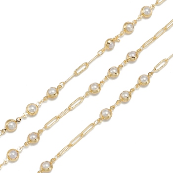 Handmade CCB Plastic Imitation Pearl Beaded Chains, with Brass and Spool, Soldered, Long-Lasting Plated, Oval & Round, Golden, 12x6x5mm and 9x3x0.5mm, 32.8 Feet(10m)/roll