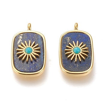 Natural Lapis Lazuli & Synthetic Turquoise Pendants, with Real 18K Gold Plated Brass Findings, Long-lasting Plated, Rectangle with Sun, 27x16.8x6mm, Hole: 3mm