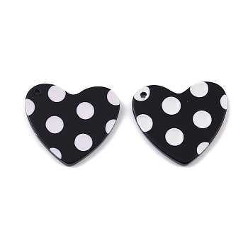 Cellulose Acetate(Resin) Pendants, Heart with Polka Dot Charms, Black, 25x27.5x2.5mm, Hole: 1.6mm