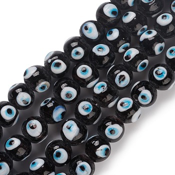 Handmade Lampwork Beads Strand, Round with Evil Eye, Black, 12.5~13x11mm, Hole: 2~2.5mm, about 32~33pcs/strand, 13.58~14.01''(34.5~35.6cm)