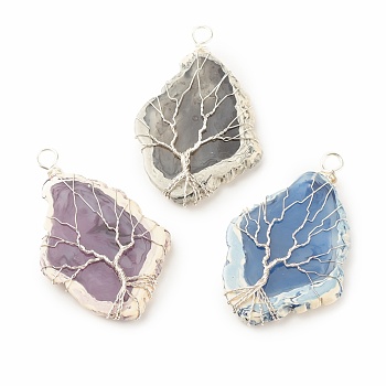 3Pcs 3 Colors Resin Big Pendants Set, with Copper Wire Wrapped, Imitation Gemstone, Rhombus with Tree, Silver, 66~68x42.5~43x7.5mm, Hole: 5.5mm, 1pc/color