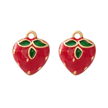 2Pcs Brass Enamel Charms, Imitation Fruit, Matte Gold Color, Strawberry Charm, Red, 12x10x6mm, Hole: 1.4mm