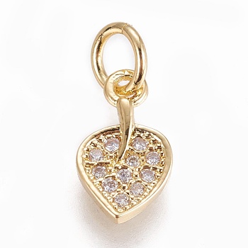 Brass Micro Pave Cubic Zirconia Charms, Leaf, Clear, Golden, 11x6.5x1.5mm, Hole: 3mm