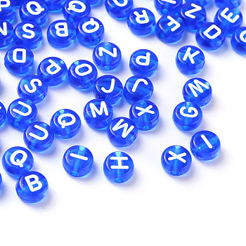 Transparent Blue Acrylic Beads, Horizontal Hole, Mixed Letters, Flat Round with White Letter, 7x4mm, Hole: 1.5mm, 100pcs/Bag