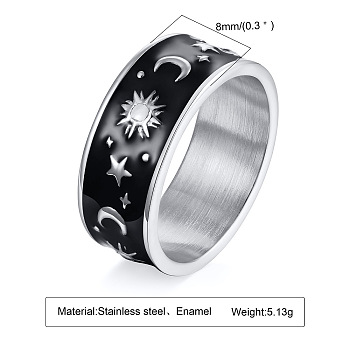 Black Enamel Moon and Star Finger Ring, Stainless Steel Jewelry for Women, Stainless Steel Color, US Size 10(19.8mm)