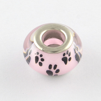 Large Hole Dog Paw Prints Pattern Resin European Beads, with Silver Color Plated Brass Double Cores, Rondelle, Pink, 14x9~10mm, Hole: 5mm