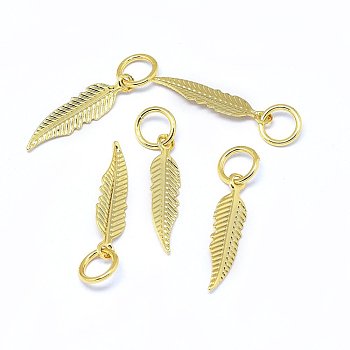 Brass Pendants, Leaf, Real 18K Gold Plated, 15x3.5x0.3mm, Hole: 3.5mm