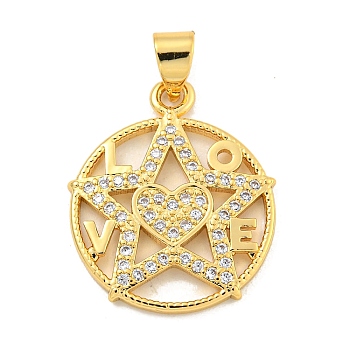 Rack Plating Brass Micro Pave Cubic Zirconia Pendants, Long-Lasting Plated, Cadmium Free & Lead Free, Real 18K Gold Plated, Star, 21x18x2mm, Hole: 5x3.5mm