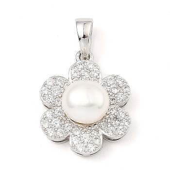 Rhodium Plated 925 Sterling Silver Pendants, with Cubic Zirconia and Natural Pearl Beads, Flower Charms, with S925 Stamp, Real Platinum Plated, 16x14x7.5mm, Hole: 5x3.3mm