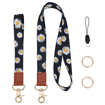 Adjustable Mobile Phone Lanyard, Cute Polyester Shoulder Neck Strap, Wrist Strap, 2 Key Rings and Detachable Mobile Phone Strap, Flower Pattern, 510~512x20x1mm