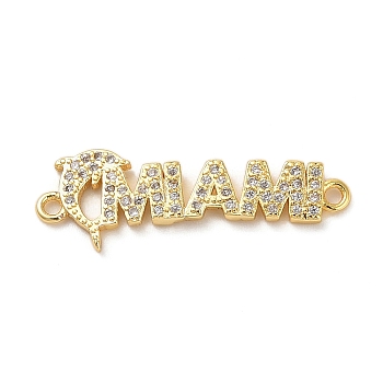 Beach Theme Rack Plating Brass Micro Pave Clear Cubic Zirconia Connector Charms, Word MIAMI Links, Long-Lasting Plated, Cadmium Free & Lead Free, Real 18K Gold Plated, Dolphin, 10x28.5x1.5mm