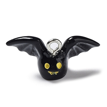 Resin Pendants, Halloween Bat Charms with Platinum Tone Iron Loops, Black, 11.5x24.5x9mm, Hole: 2mm