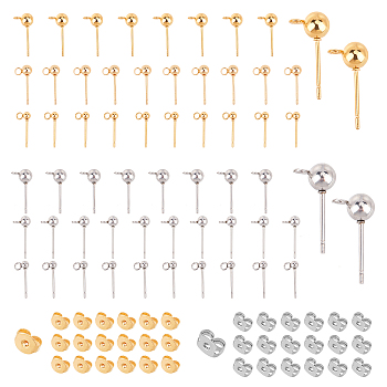 Stainless Steel Ball Post Stud Earring Findings, with Brass Ear Nuts, Mixed Color, Stud Earring Findings: 60pcs, Brass Ear Nuts: 60pcs