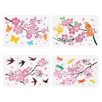 4Pcs 4 Styles PET Hollow Out Drawing Painting Stencils, for DIY Scrapbook, Photo Album, Sakura Pattern, 297x210mm, 1pc/style