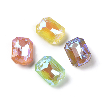 Faceted Glass Pointed Back Rhinestone Cabochons, Mocha Fluorescent StyleRectangle Octagon, Fluorescent, Mixed Color, 14x10x5mm