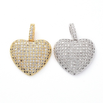 Brass Micro Pave Clear Cubic Zirconia Pendants, Heart, Mixed Color, 17x18x1mm, Hole: 2.5x4mm